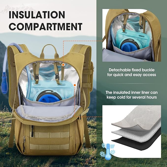 RAINSMORE Tactical Hydration Backpack 18L with 2L Water Bladder & Rain Cover, Insulated Molle Hiking Daypack, Lightweight Waterproof Ripstop Water Pack for Outdoor Cycling, Hiking