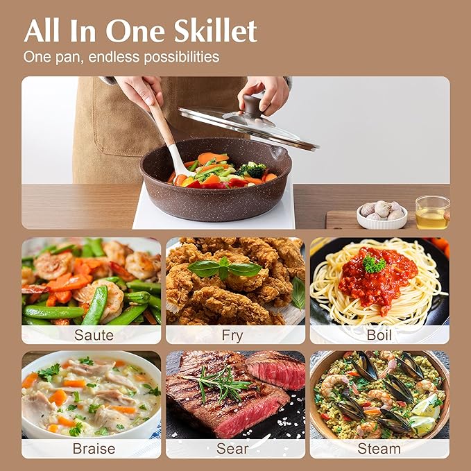 SENSARTE Nonstick Deep Frying Pan Skillet, 10-inch Saute Pan with Lid, Stay-Cool Handle, Cooking Pan, Healthy Stone Cookware Induction Compatible