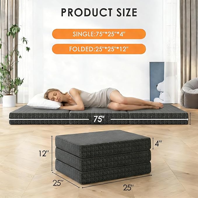 4 Inch Tri-Fold Mattress Single Size, Portable Memory Foam Guest Bed with CertiPUR-US Certified Cooling Gel & Washable Cover, Folding Mattress for Camping, Dorm, RV & Living Room, Black