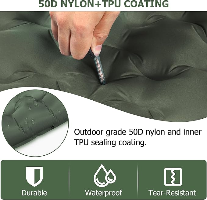 5.1" Thick Double Sleeping Pad with Foot Pump & Pillow, 77.5x53.9 2-Person Air Mattress for Camping, Ultralight & Compact for Backpacking, Hiking, Car Travel，Military Green
