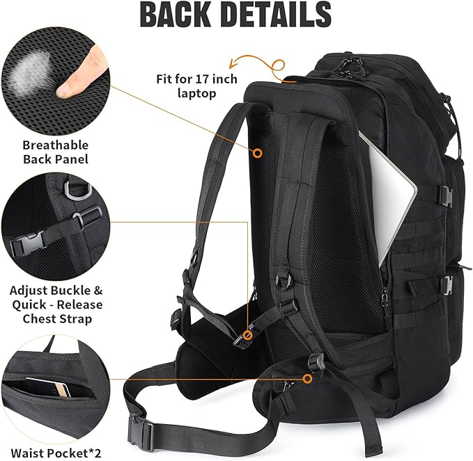G-raphy Military 45L Military Tactical Backpacks For Men Camping Hiking Trekking Daypack Bug Out Bag Lage MOLLE (Black-45L)