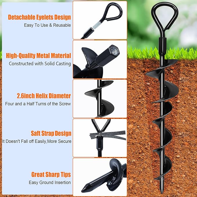 Ground Anchors Screw in 15 Inch, 4Pack Tent Stakes Heavy Duty with T-Handle Hex Wrench and Power Nut Driver