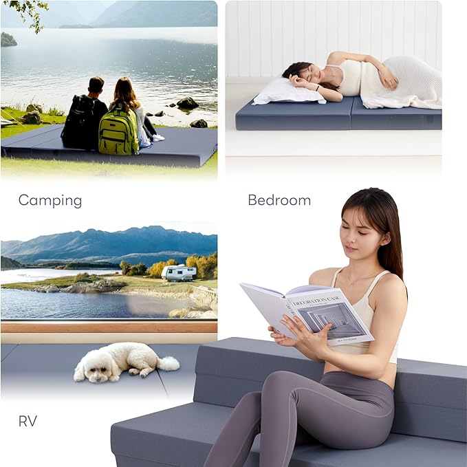 LIKIMIO Folding Mattress Queen, High Density Foam Mattress with Breathable and Washable Cover & Storage Bag, 4 Inch Foldable Mat Topper for Camping, RV and Yoga, Handle Design, Blue