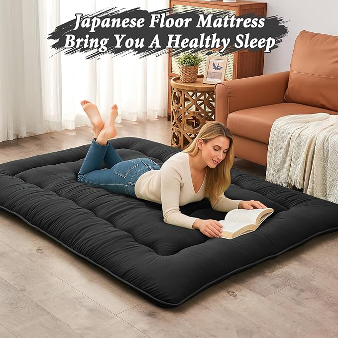 DAICO Japanese Floor Mattress, 4'' Thicken Futon Mattress Tatami Mat, Sleeping Pad Foldable Roll Up Mat for Camping and Guest Room, Queen Size 60''*80'', Black