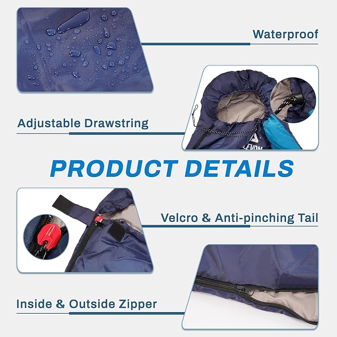 Elevon Sleeping Bag for Adults Teens Kids Cold Warm Weather, Portable Waterproof & Lightweight, Compact with Compression Sack, for 3-4 Seasons Camping, Backpacking, Hiking, Travel, Indoors Outdoors