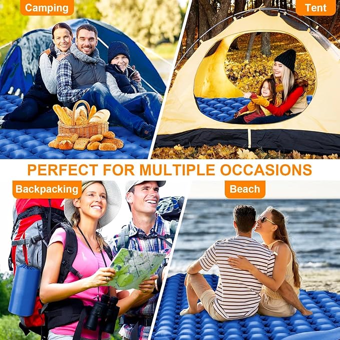 Double Sleeping Pad, Ultralight 4" Extra-Thick Self Inflating Sleeping Mat for 2 Person with Pillow Built-in Foot Pump Portable Camping Mat for Backpacking, Hiking, Traveling, Tent, Camping(Blue)