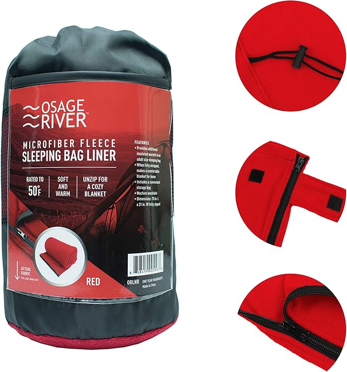 OSAGE RIVER Sleeping Bag Liner, Microfiber Fleece Travel Sheet Sleep Sack for Camping Travel Backpacking, Lightweight Zippered Sleeping Bag Inner Liner, Adults & Kids