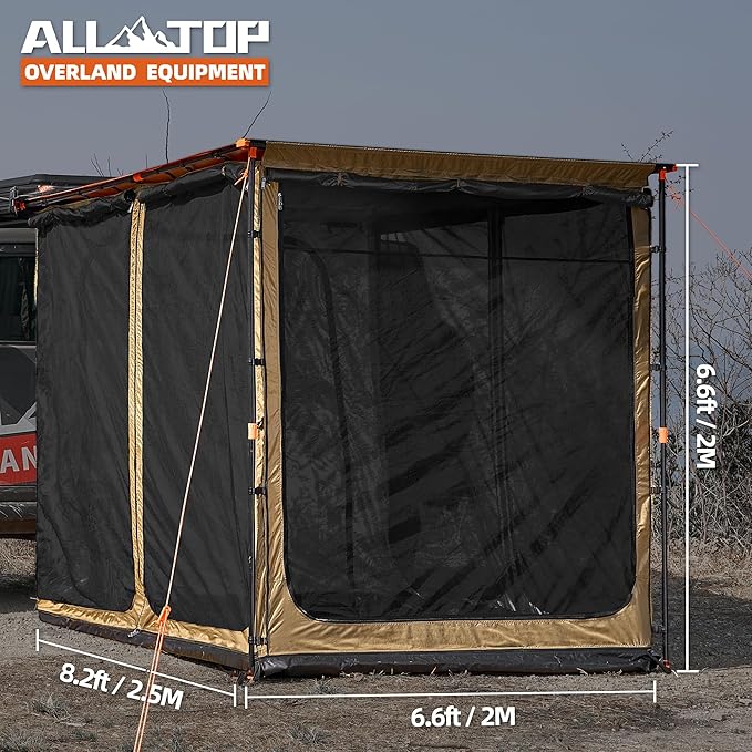 ALL-TOP Awning Room with Floor 6.6' x 8.2' Rip-Stop 210D Oxford Awning Tent with Bug-Resistance Mesh, Waterproof Sun Shelter for Overland, Camping(Black Coating, Room Only)