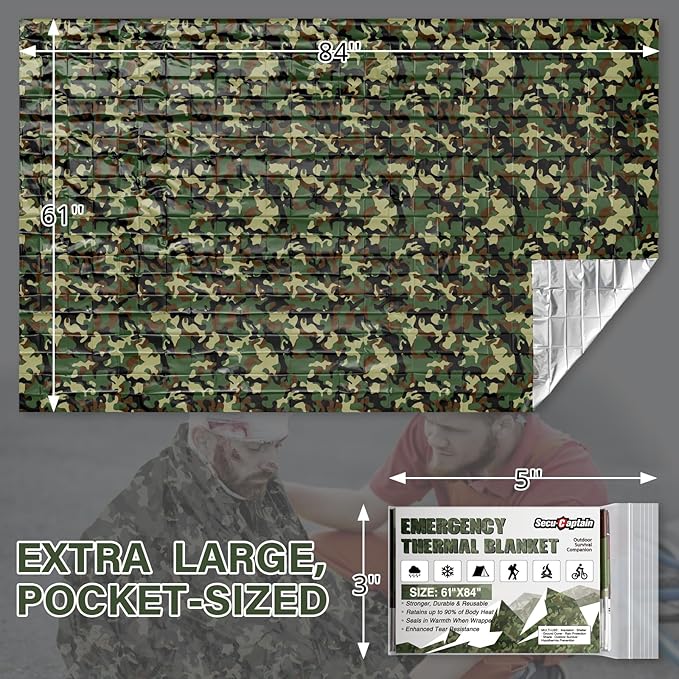 SecuCaptain Survival Emergency Thermal Blankets: Thicken 28um Space Mylar Blanket Kit for Outdoor Cold Winter Camping, Hiking, Car Bug Out Bag, or First Aid - Woodland Camo 4 Pack