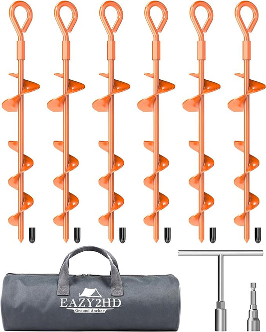 Eazy2hD 6 Pack Tent Stakes Heavy Duty, 15 Inch Ground Anchors Screw in, Metal High Winds Trampoline Stake with Nut and Tool, Spiral Anchor Kit for Camping, Shed, Swing Set, Canopy, Car Ports