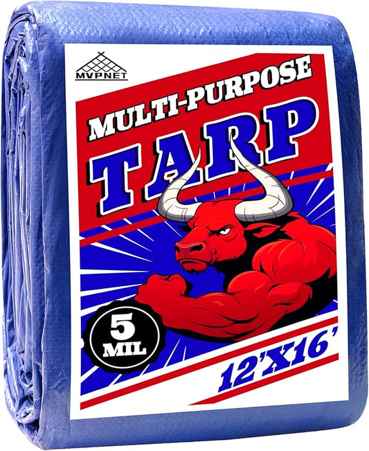 Tarp 12x16 ft 100% Waterproof Uv Resistant High Durability Multipurpose 5mil Blue Tarp for Covering Courtyards, Cars, Camping, Gardens, Pet Nests -by MVPNET