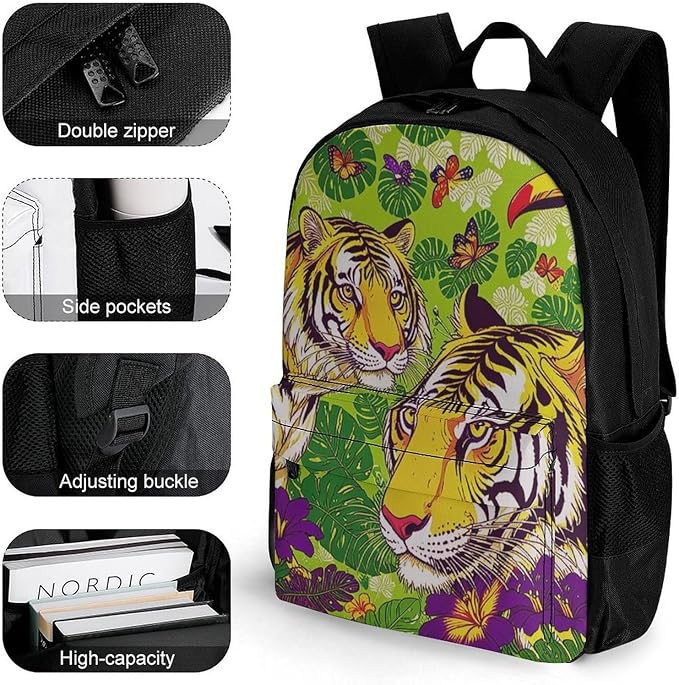 Supdreamc Backpack Lightweight Anti-Theft Multipurpose Tropical Floral Wild Animals Tigers Parrot Green Shoulder Bag Large Capacity Travel Hiking Backpack With Padded Straps
