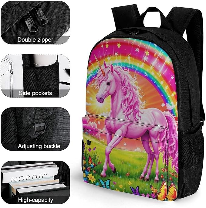 Supdreamc Daypack Anti-Theft Multipurpose Large Capacity Shoulder Bag, Rainbow Unicorns And Butterflies Travel Hiking Camping Rucksack With Smooth Zippers