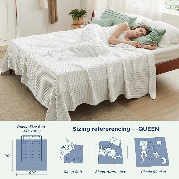 Bedsure Cooling Cotton Waffle Queen Size Blanket - Lightweight Breathable Summer Blanket of Rayon Derived from Bamboo for Hot Sleepers, Luxury Throws for Bed, Couch and Sofa, Fog Blue, 90x90 Inches