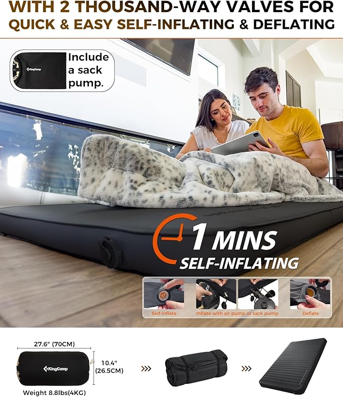 KingCamp Self Inflating Camping Pad, Ultra 6" Thick or Ideal 3" Thcik High R Value Air & Foam Camping Mattress, Full Size Double Sleeping Pad 2 Person for Camp Tent Outdoor Car, Multi Colors, PVC Free