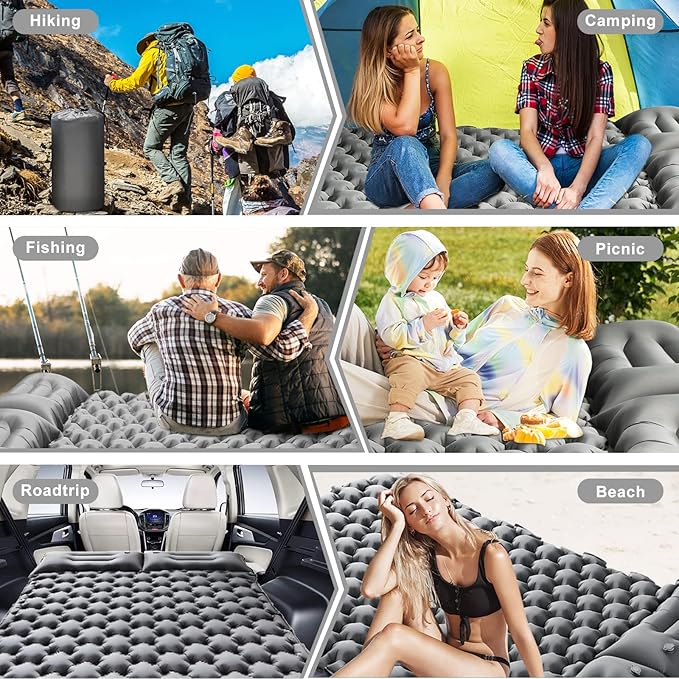 Double Sleeping Pad Camping, Self Inflating 4'' Extra-Thick 2 Person Pillow Built-in Foot Pump Waterproof Inflatable Sleeping Mat Backpacking, Tent, Hiking, Portable Camping Pad (Grey-Full)