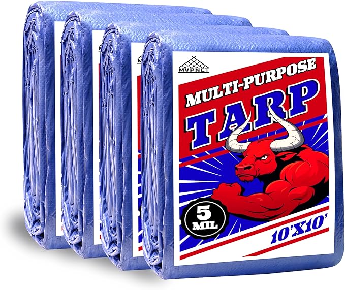 Tarp 10x10 ft (4-Pack) 100% Waterproof Uv Resistant High Durability Multipurpose 5mil Blue Tarp for Covering Courtyards, Cars, Camping, Gardens, Pet Nests -by MVPNET