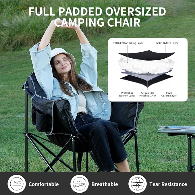 Oversized Heated Camping Chair, 3 Heating Levels Soft Padded Camp Lawn Chair with Pillow and 20000mAh Battery, Portable Heated Folding Chairs Outdoor Sports for Patio and Picnics, Black