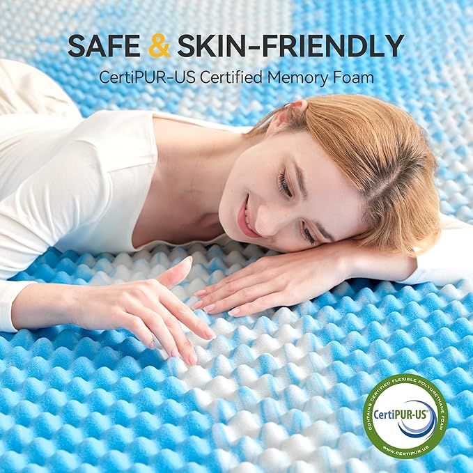 SINWEEK 3 Inch Egg Crate Memory Foam Mattress Topper Queen Size, Soft Mattress Pad for Back Pain Relief, Bed Topper, CertiPUR-US Certified, Blue