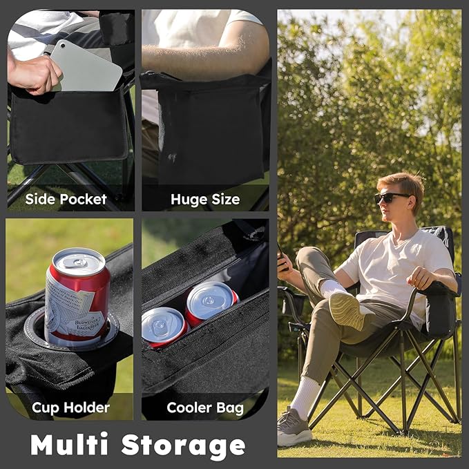 Oversized Camping Chairs 2 Pack - 450lbs Support Heavy Duty Folding Camp Chair Wide Portable Outside Collapsible Chairs with Carry Bag,Cooler,Cup Holder for Outdoor,Lawn,Sports,Baseball,Soccer-Black