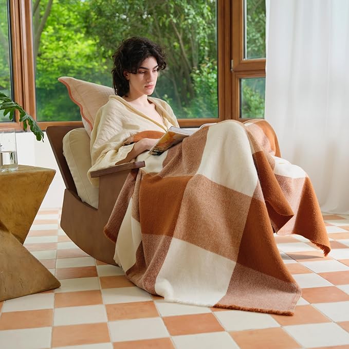 Double Stitch Alpaca Wool Throw Blanket - Warm, Soft Blanket for Couch, Luxury & Decorative Fleece Throw, Fall Plaid, Gift for Mother's Day, House Warming, 50" x 60", Harvest Brown & Cream