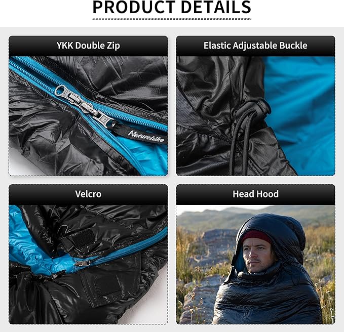 Naturehike Ultralight Down Sleeping Bag, 650FP Backpacking Sleeping Bag for Adults, 40.4℉ Waterproof Sleeping Bags for Camping, Hiking, Traveling with Compression Sack