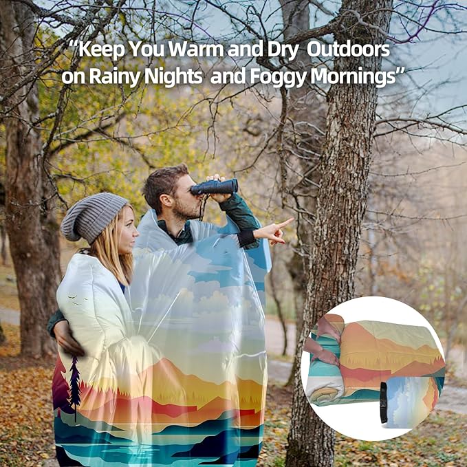 Outdoor Puffy Camping Blanket, Lightweight Down Alternative Puffy Printed Camping Large Ultra Warm Hammock Top Quilt Waterproof Blanket for Traveling Picnic Beach Party Cold Weather (Sunset)