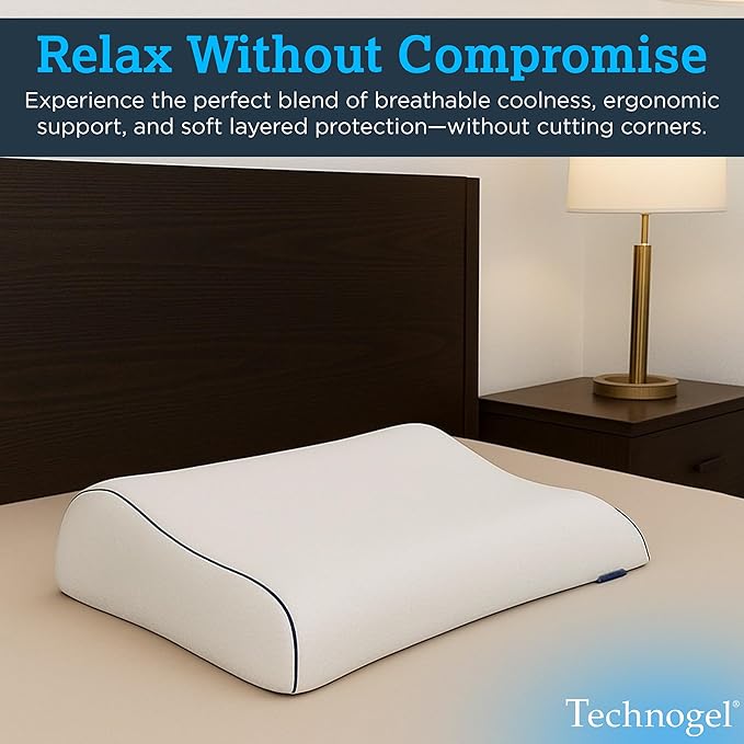 Technogel Contour Pillow with Cooling Gel – Ergonomic Neck, Shoulder and Cervical Support – Memory Foam with Temperature Regulation – for Back, Side Sleeper - Dual Heights Design, (4" & 4.5")