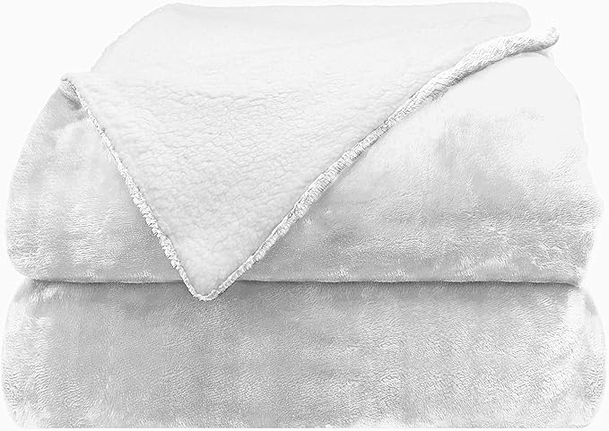 Comfort Lab Reversible Flannel Sherpa Throw Blanket - Elegant Fluffy Throw Blankets for Couch and Home Decor - Anti Pilling Non Shedding Cozy & Warm Fleece Throws - Kids/Pet (40" x 50") - White