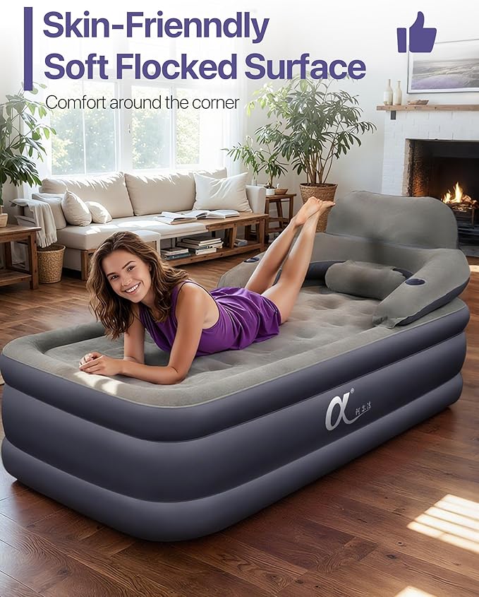 A-ER-FA Twin XL Air Mattress with Headboard and Built in Rechargeable Air Pump & Cup Holder – Premium Comfort Blow Up Mattress & Inflatable Mattress, Colchon Inflable Air Bed for Guests & Home Use