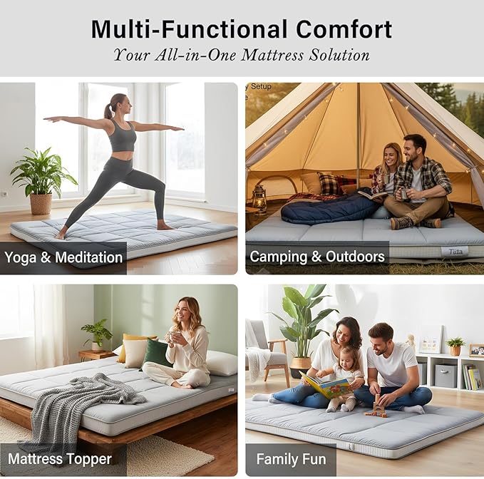 Tiita Queen Memory Foam Mattress Topper, 4" Thicken Futon Floor Mattress with Storage Bag and 2 Straps, Portable Roll Up Travel Car Camping Mattress Sleeping Pad, Grey