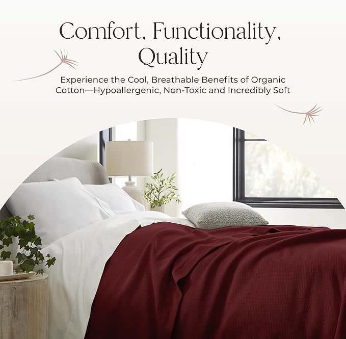 100% Organic Cotton Blanket - GOTS & Fairtrade Certified Organic Cotton Throw Blanket for Bed with Soft Warm & Breathable Single Knit Weave - Great as Bedspread or Coverlet (Burgundy, Twin)