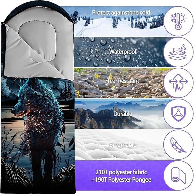 Sleeping Bags for Adults Youth Kids,3D Printing Camping Sleeping Bag for Girls Boys Lightweight Waterproof Cold/Warm Weather Sleeping Bag for 3 Seasons