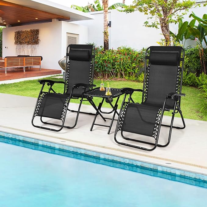 S AFSTAR Zero Gravity Chairs Set of 2, 3 PCS Folding Lawn Chair Set With Side Table Cup Holders & Adjustable Headrest, Reclining Patio Chairs, Lounger for Patio Poolside