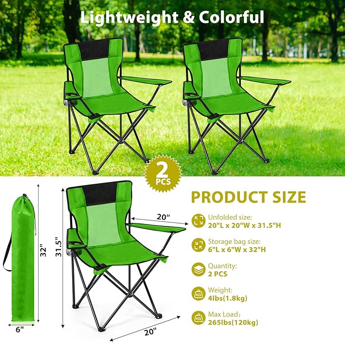 Shellwei 2 PCS Folding Camping Chair with Cupholder and Carry Bag Regular Size Colorful Breathable Portable Lightweight Lawn Chair with Side Pocket for Fishing Hiking Beach Outdoor Activity