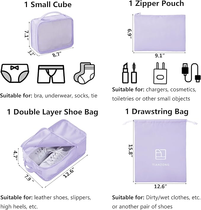 tianzong 7-piece Set Packing Cubes, Travel Bags for Luggage, Packing Organizers with Shoe Bag (Purple)