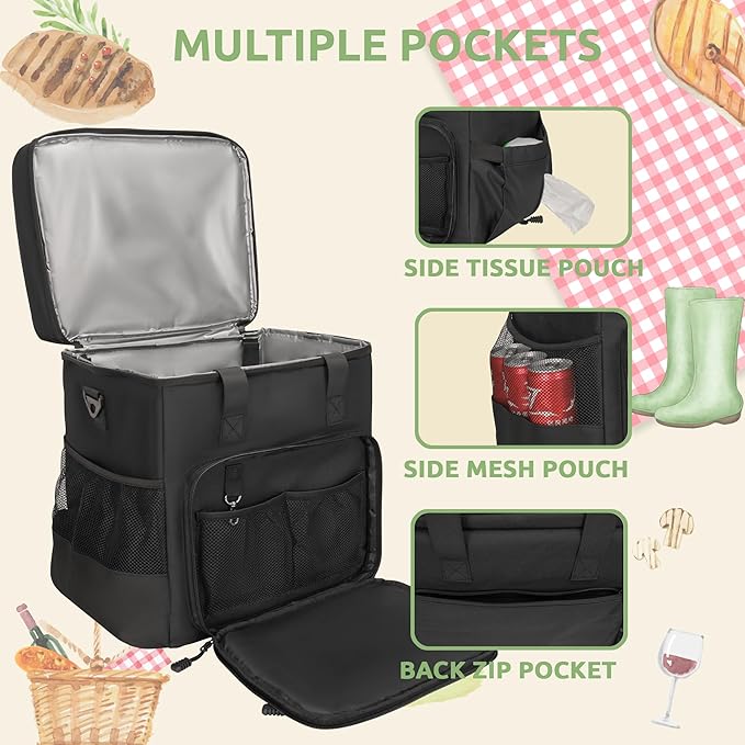 31L Large Insulated Cooler Bag for Men or Women, Double Layer Soft Cooler Bag for Picnic, Camping, Beach, Travel, Food & Drinks, Black