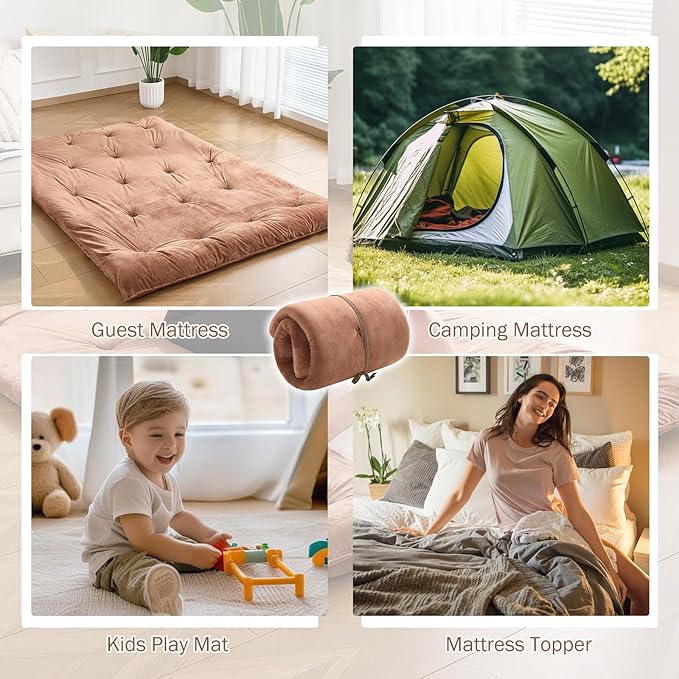 Japanese Floor Futon Mattress Twin Size 38"x 80", 2.5'' Thick Foldable Roll Up Floor Bed Sleeping Pad, 25D Foam Filled Tatami Mat with Straps for Guest Room, Dormitory & Camping, Chestnut Brown