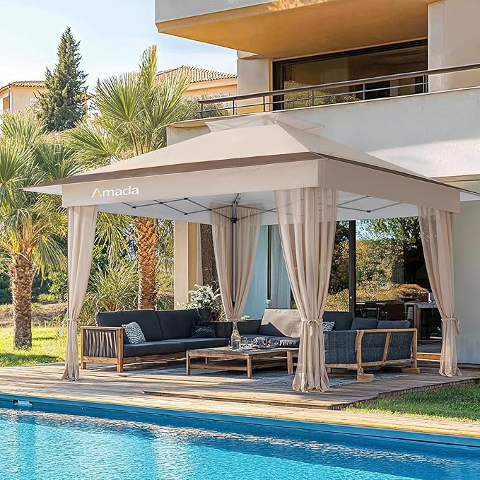 Amada 13x13 Pop Up Gazebo for Backyard & Patio Furniture,Gazebos on Clearance with Wheeled STO-N-Go Cover Bag,Carpa Pop Up Tent Party Tent and Shelter with Mosquito Netting for Lawn,Garden,Deck,Khaki