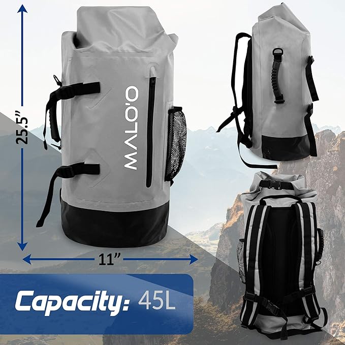 Malo'o 45L Waterproof Heavy Duty Backpack Dry Bags for Kayaking, Camping, Fishing, Hiking Daypack - Beach Accessories, Boat accessories, and Travel Gear - Fishing Rod Case Straps (Gray)