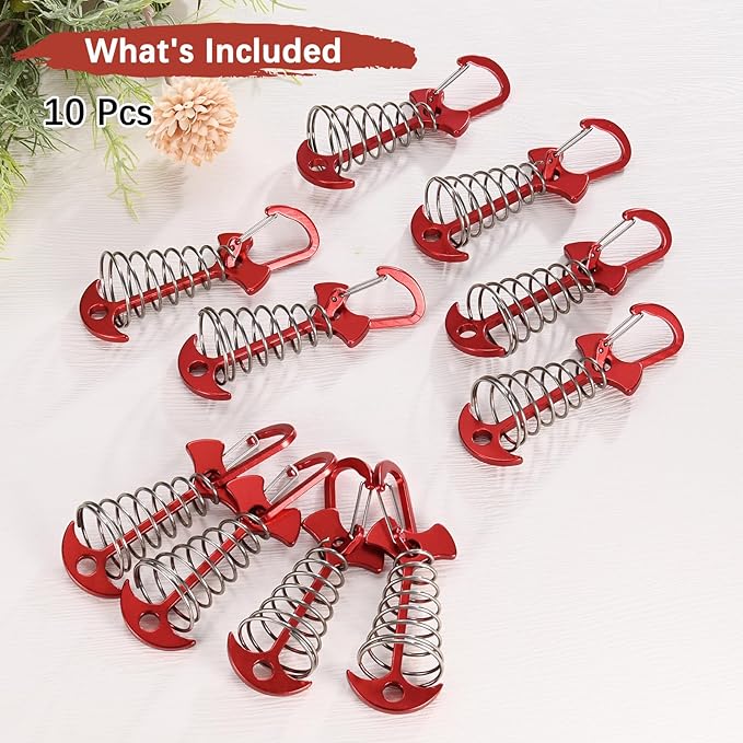 Fishbone Deck Anchor Pegs with Buckles [10PCS] - Aluminium Tent Stakes with Spring Buckle Use for Camping & Hiking - [Red] Windproof Tie Down Tent Stakes
