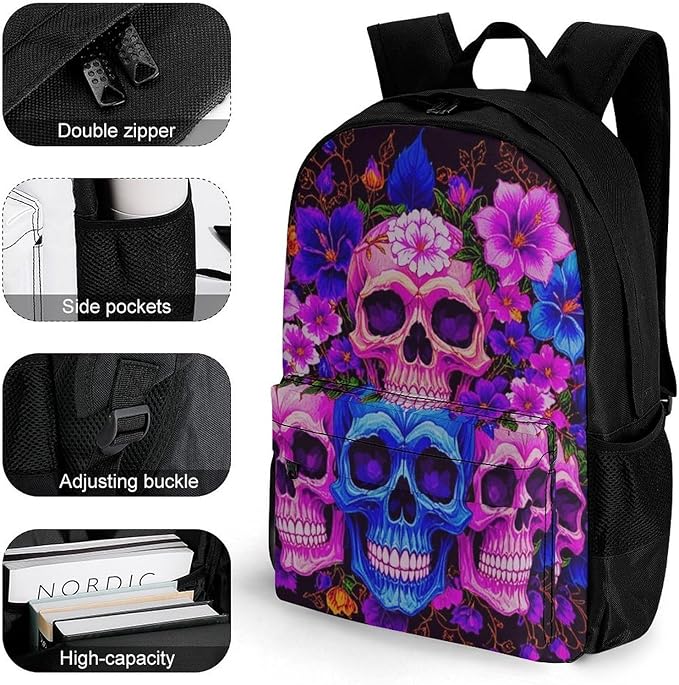 Lightweight Backpack for Gym Travel Bicycle, Big Capacity Multipurpose Anti-Theft Carry On Bag, Purple Psychedelic Mexican Sugar Skulls Day Of The Dead Floral Flowers Travel Hiking Bag Day Pack
