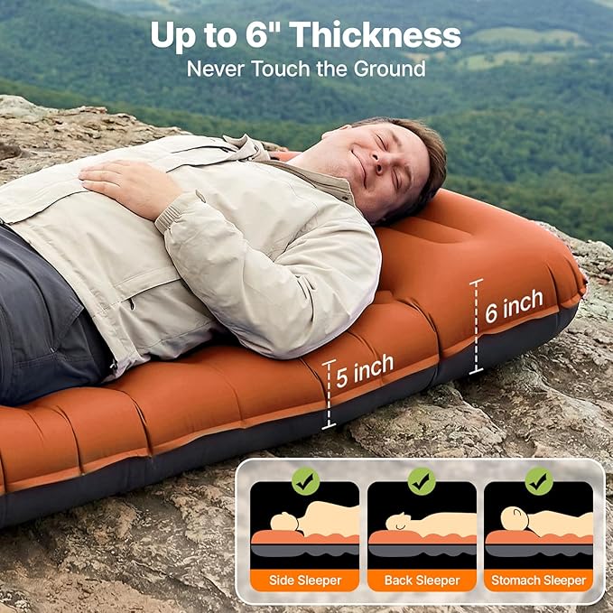 OGERY Sleeping Pad, Ultralight Self Inflatable Sleeping Pad for Camping with Pillow Built-in Foot Pump, 6" Extra-Thick Reinforced Camping Pad for Hiking, Backpacking, Tent, Single