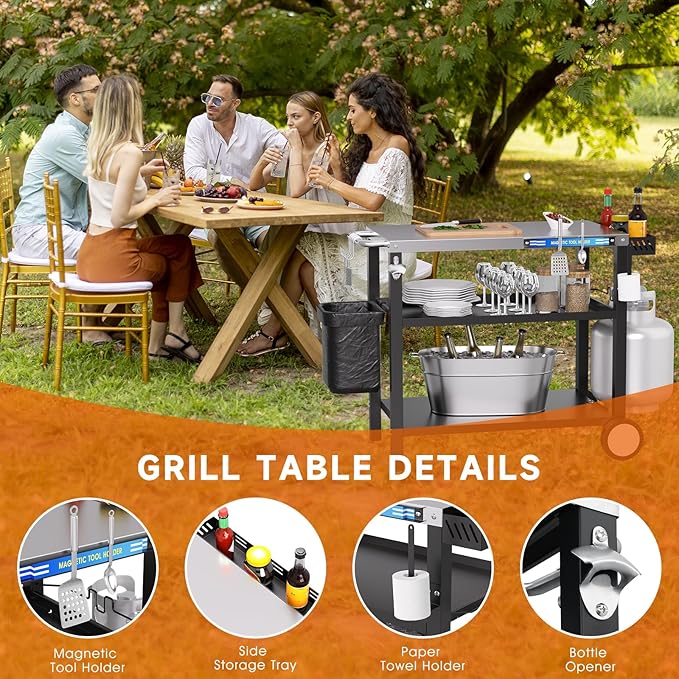 Grill Table, Stainless Steel Grill Cart with Three-Shelf, Movable Pizza Oven Table with Side Tray ＆ Trash Bag Holder, Outdoor Grill Stand with Hooks for Food Prep, Outside Tailgating, Camping