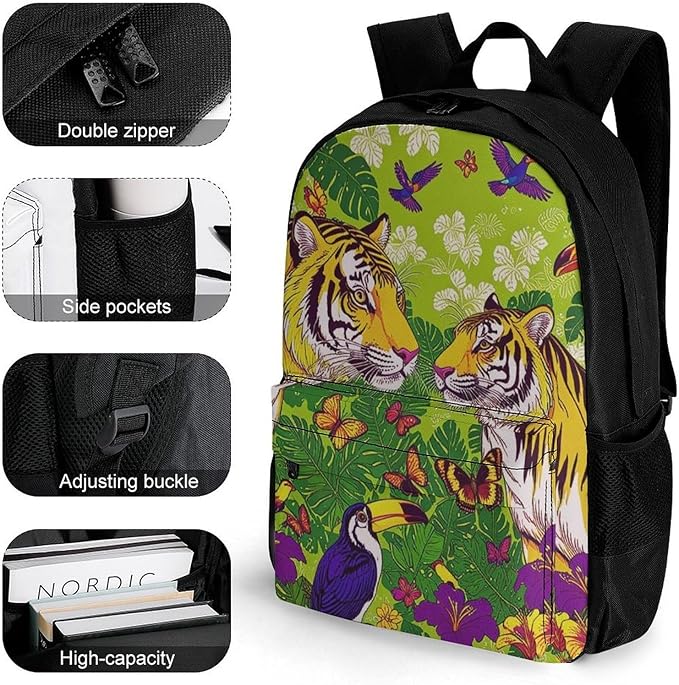 Supdreamc Backpack Polyester Multipurpose Anti-Theft Tropical Floral Wild Animals Tigers Parrot Green Shoulder Bag Big Capacity Gym Outdoor Hiking Backpack With Padded Straps