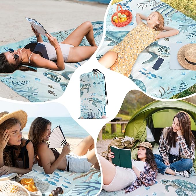 Beach Blanket Waterproof Sandproof, Sea Turtle Oversized Extra Large Picnic Mat 83"×95"/8 × 7 FT for 1-7 Adults for Travel Camping Hiking, Quick Drying Lightweight Beach Vacation Essentials