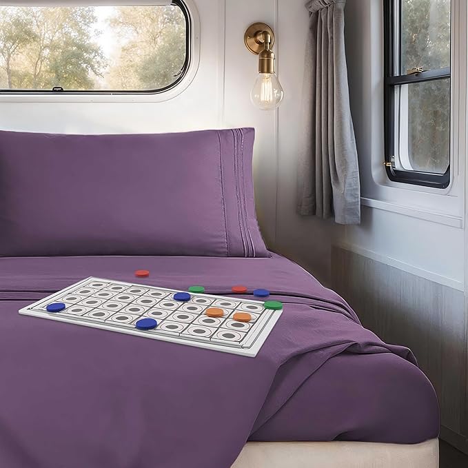 Hearth & Harbor Short Queen Sheets for RV, Purple RV Queen Sheets, Silky Soft 1800 Microfiber Bed Sheet for Camper, 4 Piece RV Bedding with Pillowcases