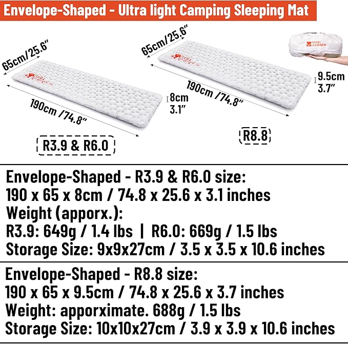 3.9/6.0/8.8 R-Value Camping Sleeping Pad for Cold Weather, Ultralight Camping Air Mattress for All Season, Insulated Inflatable Sleeping Mat for Backpacking,Hiking,Outdoor, with Air Pump Sac
