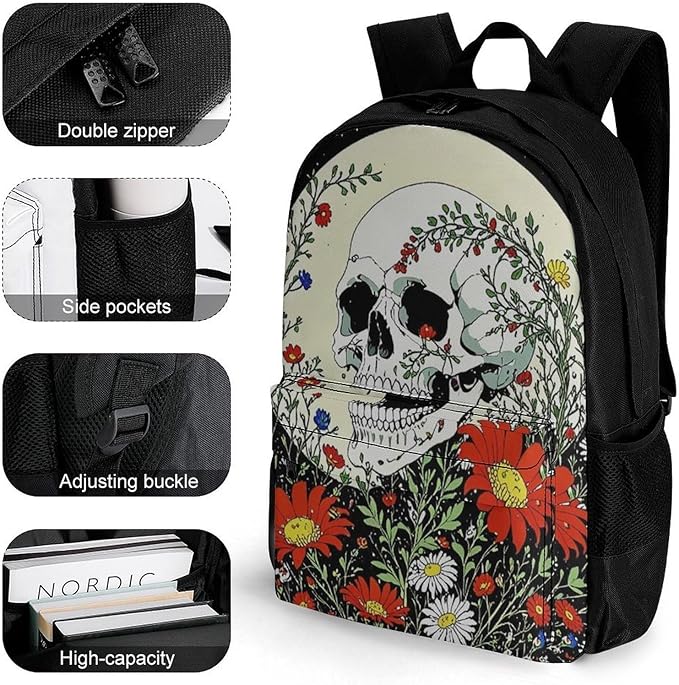 Supdreamc Daypack Backpack Polyester Anti-Theft Multipurpose Psychedelic Skull Skeleton Floral Art Bookbag Big Capacity Travel Hiking Camping Rucksack With Smooth Zippers
