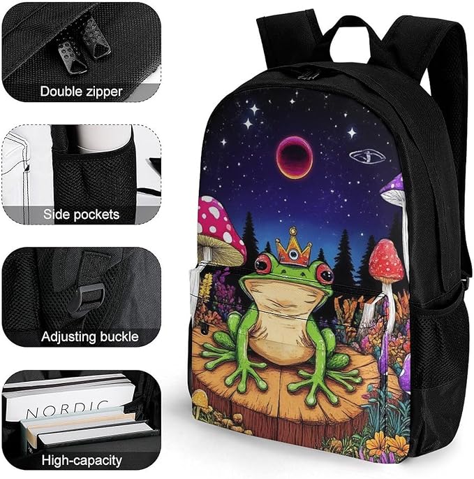 Supdreamc Rucksack Polyester Anti-Theft Multipurpose Magic Mushrooms Frog Trippy Art Bookbag Big Capacity Travel and Sport Backpack Rucksack With Side Pockets